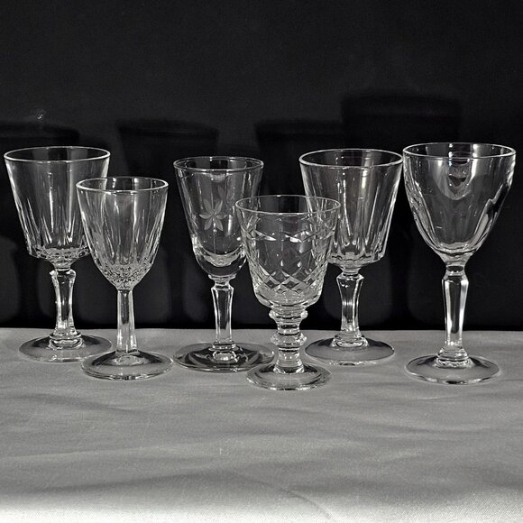 6 Mismatched Vintage Cocktail Glasses Etched Floral romantic dinner drinks party - Picture 2 of 10